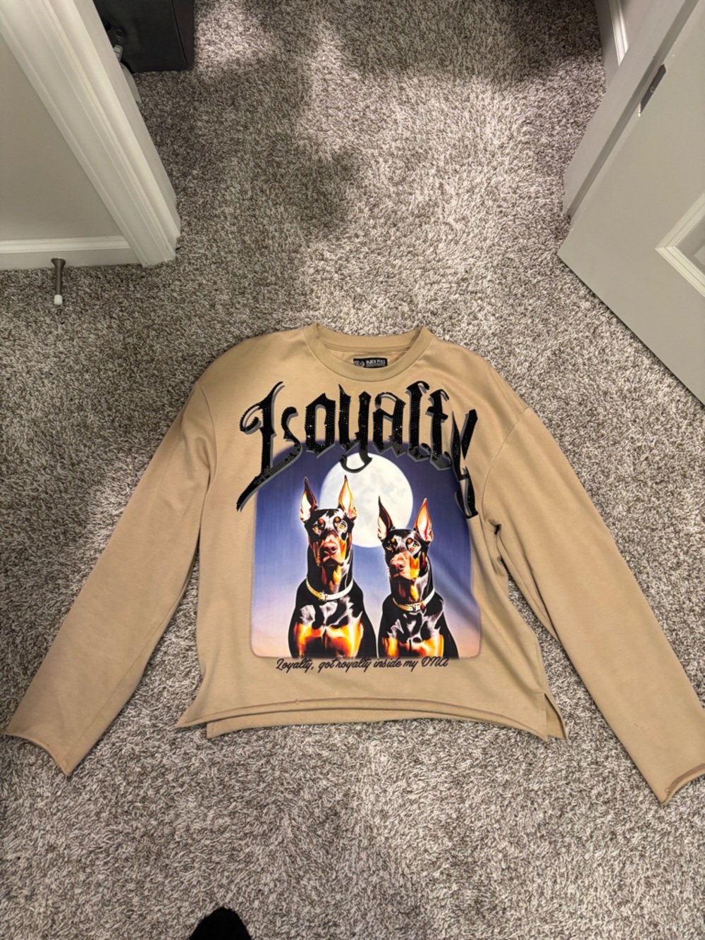 Beige Graphic Crewneck Sweater with Doberman Print
